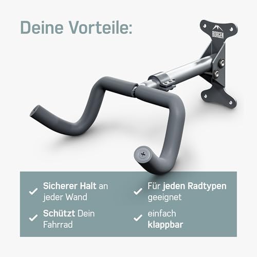 Borgen Fahrrad Wandhalterung – Klappbarer Halter für MTB & Rennrad, bis 20 kg, mit extra weicher Polsterung für optimale