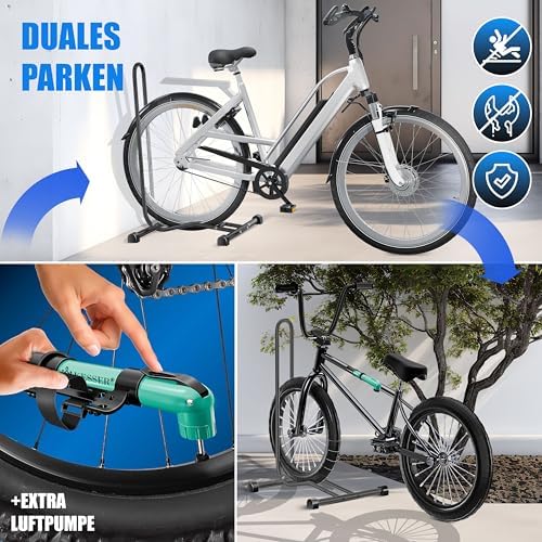 KESSER® Fahrradständer für Mountainbike & E-Bike | Freistehender Halter mit Luftpumpe | Stabil & platzsparend