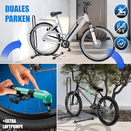 KESSER® Fahrradständer für Mountainbike & E-Bike | Freistehender Halter mit Luftpumpe | Stabil & platzsparend
