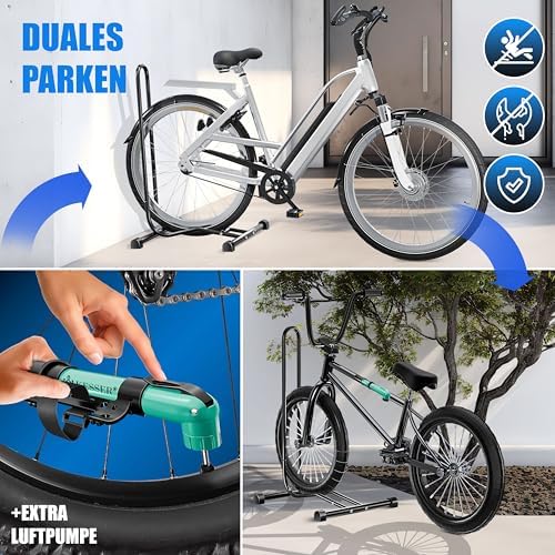 KESSER® Fahrradständer für Mountainbike & E-Bike | Freistehender Halter mit Luftpumpe | Stabil & platzsparend