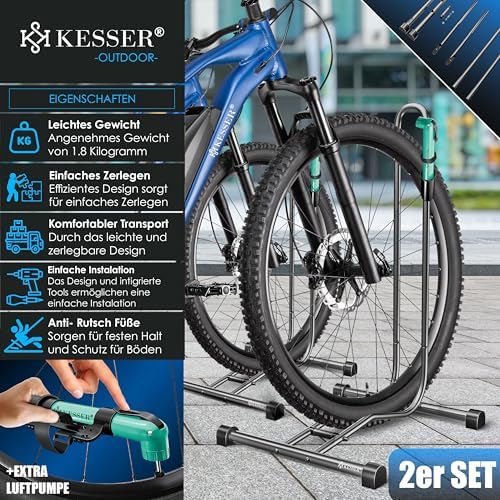 KESSER® Fahrradständer für Mountainbike & E-Bike | Freistehender Halter mit Luftpumpe | Stabil & platzsparend