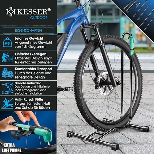 KESSER® Fahrradständer für Mountainbike & E-Bike | Freistehender Halter mit Luftpumpe | Stabil & platzsparend